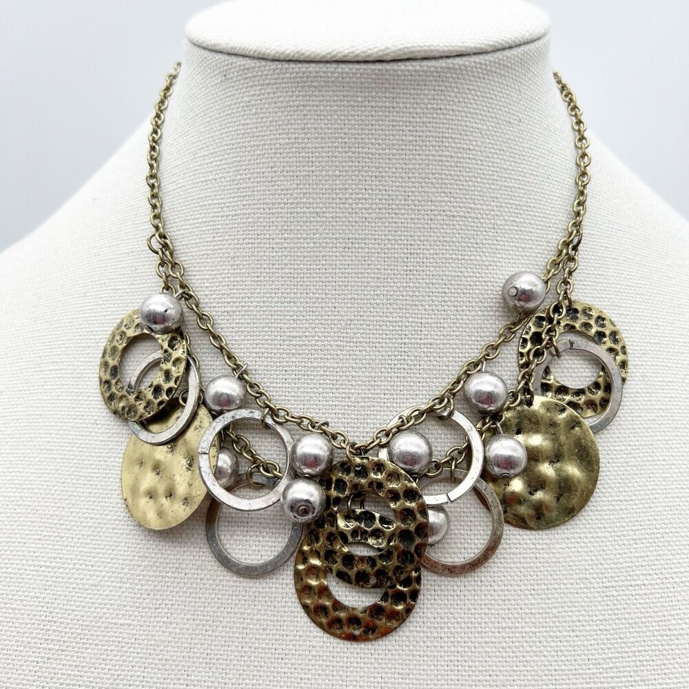 Layered Hammered Gold Tone Silver Tone Metal Medallion Beaded Statement Necklace